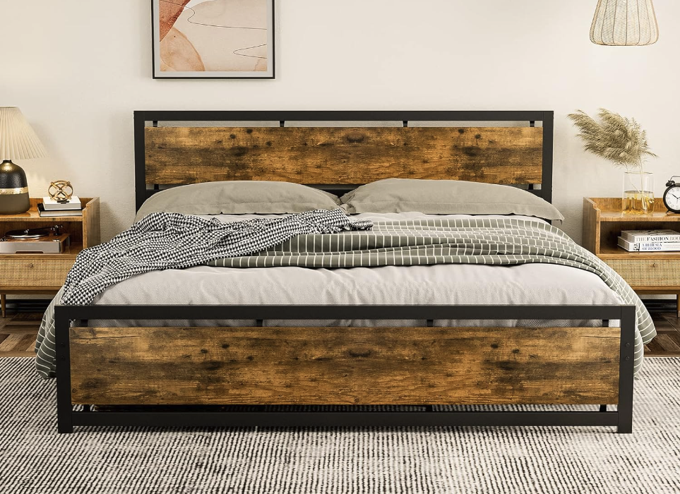 IKIFLY Rustic Brown Farmhouse Metal Bed Frame